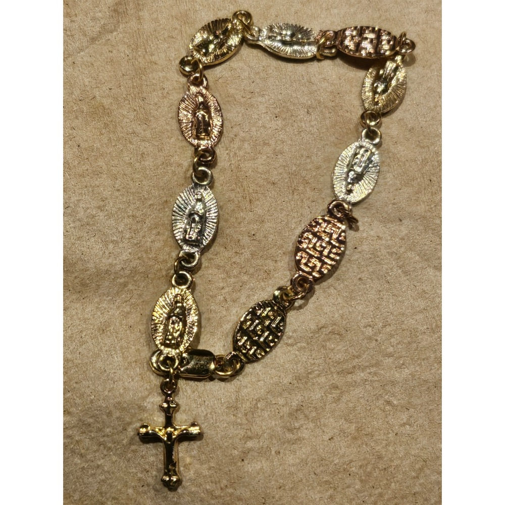 Tri-Tone Virgin Mary Rosary Bracelet Gold Rose White Religious Crucifix Charm